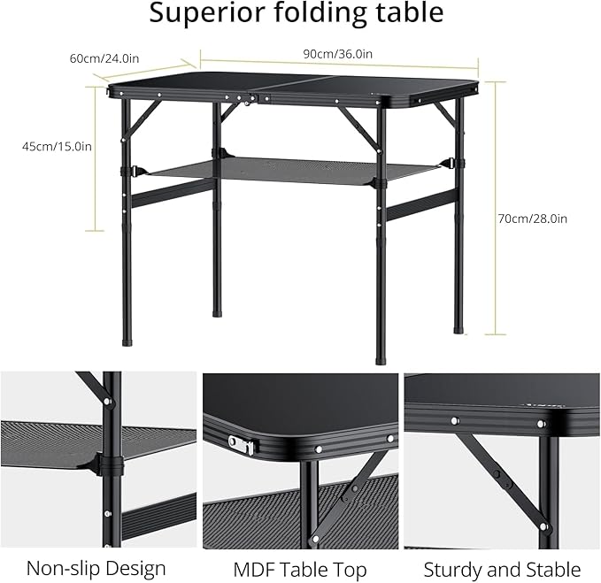 Folding Camping Table, 36" x 24" Portable Table Adjustable Height Max 28 inch Aluminum Folding Table with Storage Net, Lightweight, Portable Handle for Travel, Outdoor, Backyard (Black)