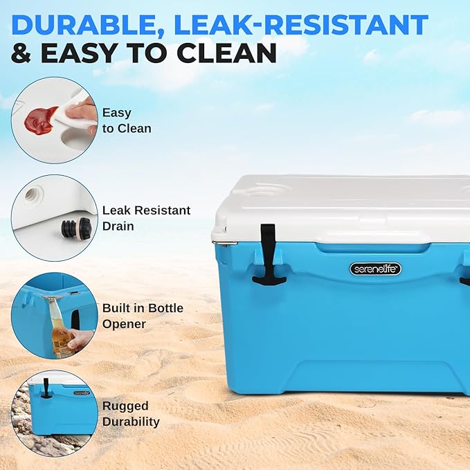 SereneLife Ultra-Tough 25-75 Quart Rotomolded Cooler Box, Holds Upto 64 Cans, Keeps Ice Up to 5 Days, Heavy-Duty Insulated Portable Ice Chest Box, Ideal for Camping, Beach, Picnics, Tailgating, etc