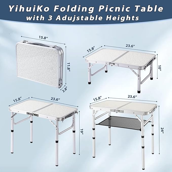 Folding Picnic Table, Small Camping Table with Adjustable Heights, Portable Lightweight Aluminum Side Table for Office, Beach, Garden, Travel