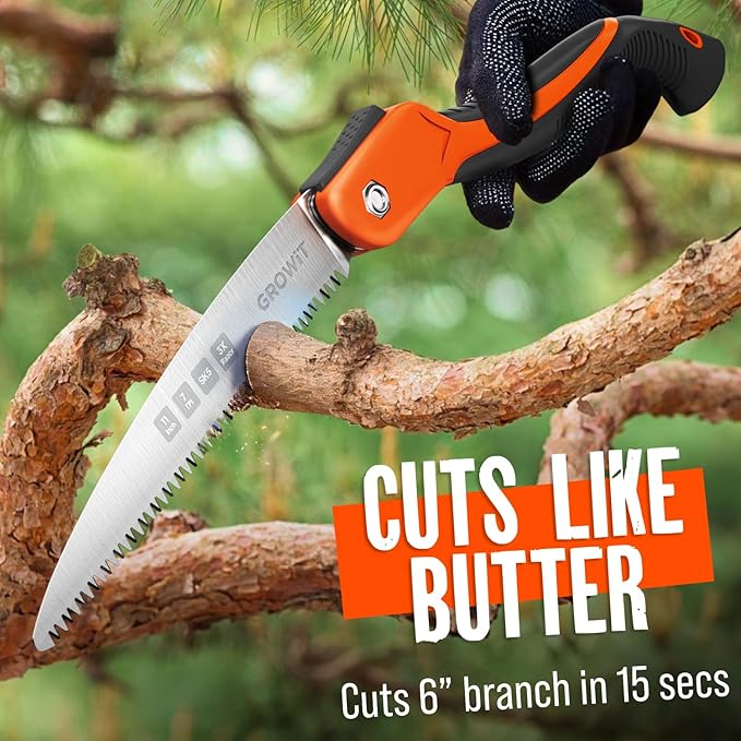 GROWIT Folding Camping saw 11 Inch - Heavy Duty Pruning Saw with Triple-Cut SK5 Blade, 7 TPI Razor Teeth for Tree Trimming, Wood Cutting, Camping, Bushcraft, and Gardening