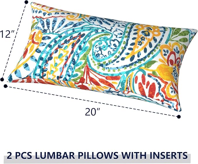 Outdoor Lumbar Pillows 12x20 inch, Rectangle Throw Pillows with Inserts, Decorative Lumbar Cushions for Patio Furniture Garden Couch Home Sofa Office Chair, Pack of 2, Paisley Multi