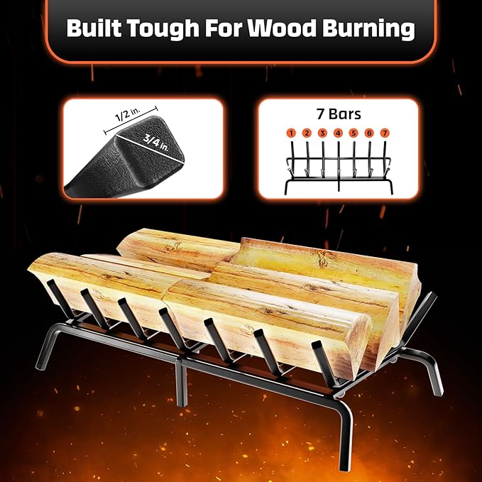 Idzo Cast Iron Fireplace Grate 24 inch, 3/4" Bar Fireplace Log Grate with Extra Leg for Sturdy Stand & Better Air Flow, Quick Assembly Fireplace Wood Grate for Indoor & Outdoor
