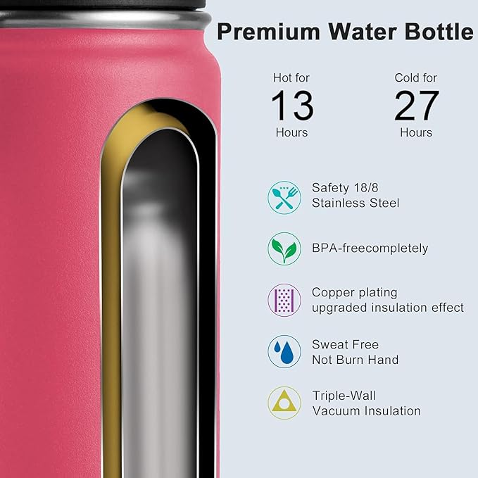 koodee Insulated Water Bottle, 22oz Stainless Steel Double Wall Vacuum Wide Mouth Sport Bottle with Leakproof Spout Lid (Pink Red)