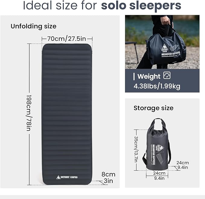 ONETIGRIS Dreamstar Single Air Mattress, Self-Inflating Sleeping Pad Foam for Camping, Backpacking, Car Trips, Travels, Air Bed with Patch-up Kit