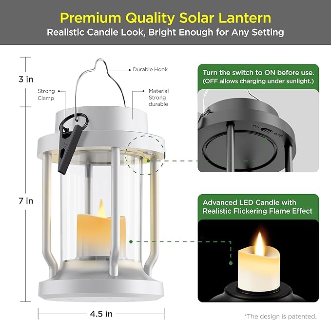 Solar Lantern Outdoor & Indoor Use – Hanging Solar Lights with Realistic Flickering Flameless Candle, Weatherproof for Gardens, Patios, Trees, and Lawns (White, 1 Pack)
