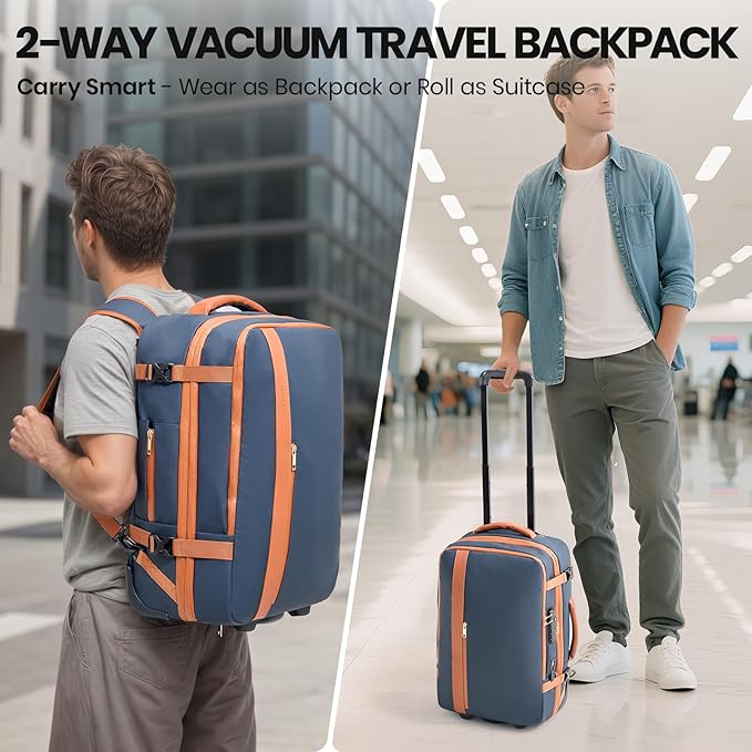 Fanwoli Vacuum Rolling Travel Backpack, Carry On Luggage with TSA Lock & Anti Theft Zipper, 70L Expandable Airback with Compression Pump, Waterproof Laptop Bag Ideal for Flight & Business