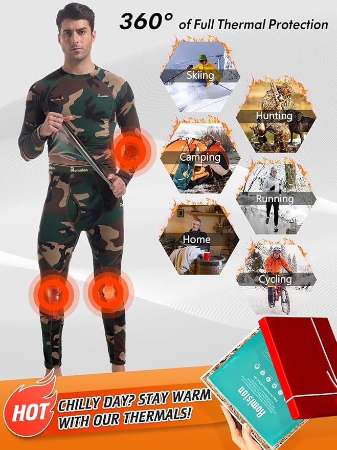 romision Thermal Underwear for Men Long Johns Fleece Lined Hunting Gear Bottom Top Set Base Layer for Cold Weather Gift