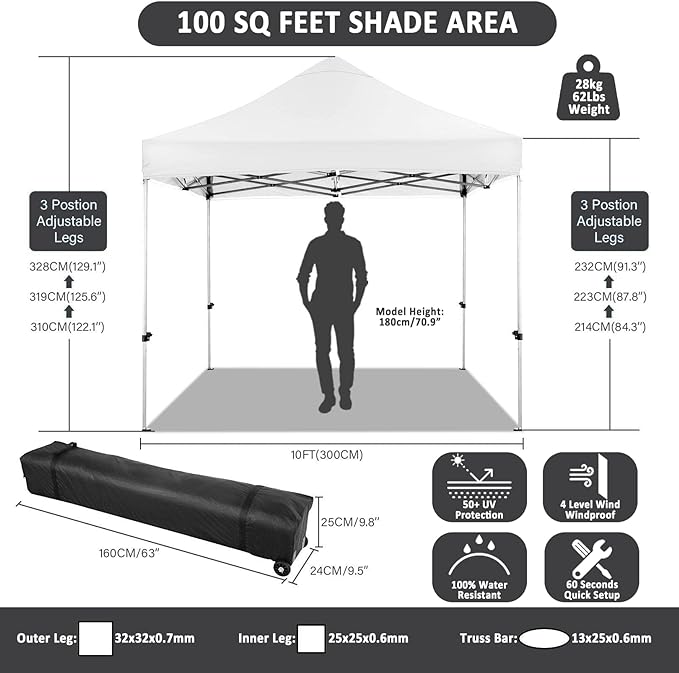 COBIZI 10x10 Pop Up Canopy with 4 Sidewall,Heavy Duty Canopy UPF 50+ All Season Wind Waterproof Commercial Outdoor Wedding Party Tents for Parties Canopy Gazebo with Roller Bag (10 x 10 ft White)