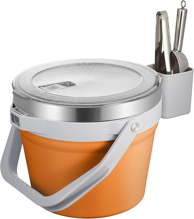 COKTIK 7L Vacuum Insulated Ice Bucket with Lid and Scoop& Tongs，Large capacity Stainless Steel Beverage Bucket for Cocktail, Champagne, Wine, Beer，Large Parties（Orange Suit）
