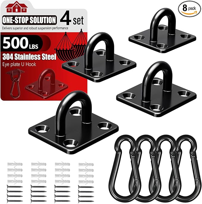 sprookber 304 Stainless Steel Pad Eye Snap Hooks, M5 Heavy Duty Ceiling Hooks, 500 lb Capacity Hammock Swing Hanging kit, Plant Hangers, Marine Hardware Staple Hook Loop with Screws, Set of 8(Black)