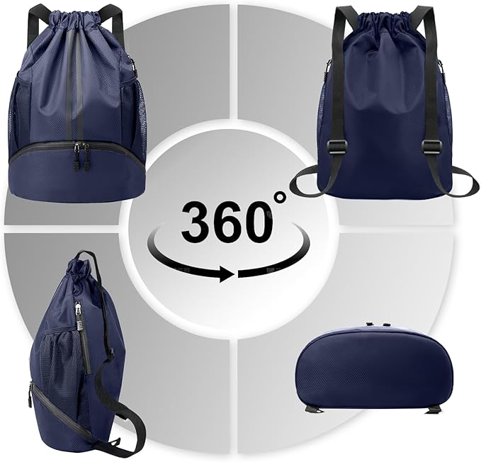 Hoedia Sports Drawstring Backpack - String Swim Gym Bag with Shoes Compartment and Wet Proof Pocket for Women and Men