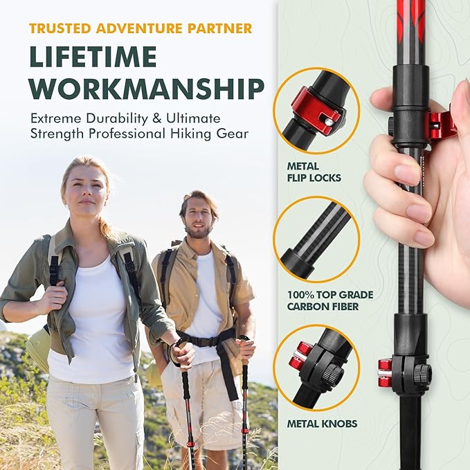 KINGGEAR TPC 100% Carbon Fiber Hiking Poles, Telescopic Retractable Nordic Trekking Poles, Ultra Lightweight Nordic Walking Stick, Metal Flip Locks, Cork and Extended EVA Handle