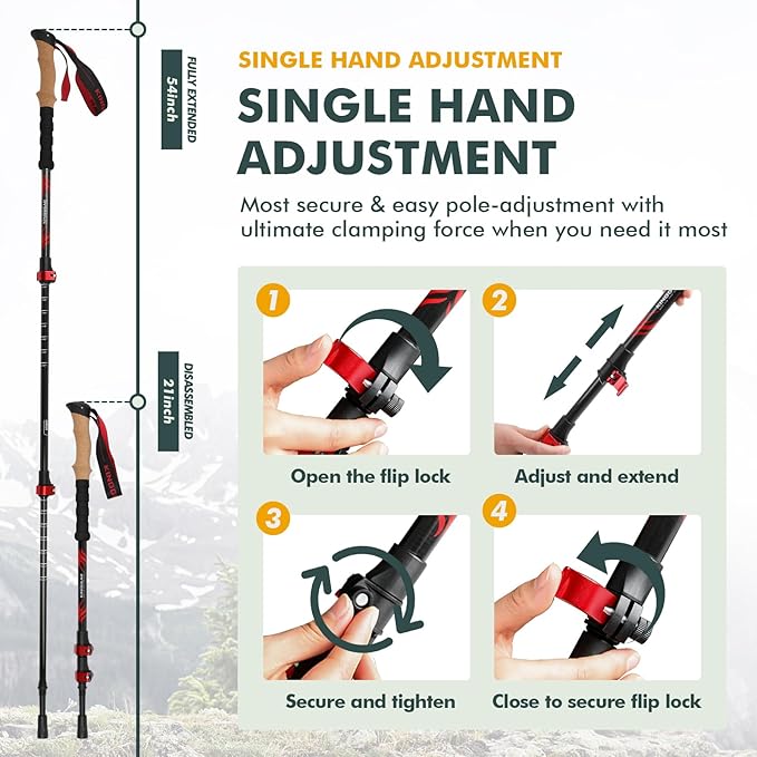 KINGGEAR TPC 100% Carbon Fiber Hiking Poles, Telescopic Retractable Nordic Trekking Poles, Ultra Lightweight Nordic Walking Stick, Metal Flip Locks, Cork and Extended EVA Handle