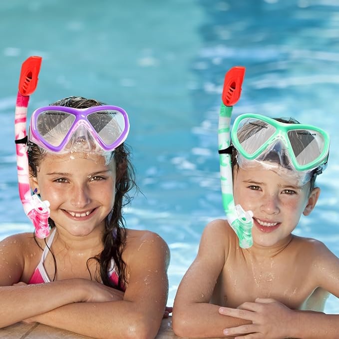 Kids Snorkel Set Dry Top Snorkeling Gear for Kids Youth Boys Girls Junior Age 5-15,Tempered Glass Swimming Diving Mask and Snorkel Set 180 Degree Panoramic View