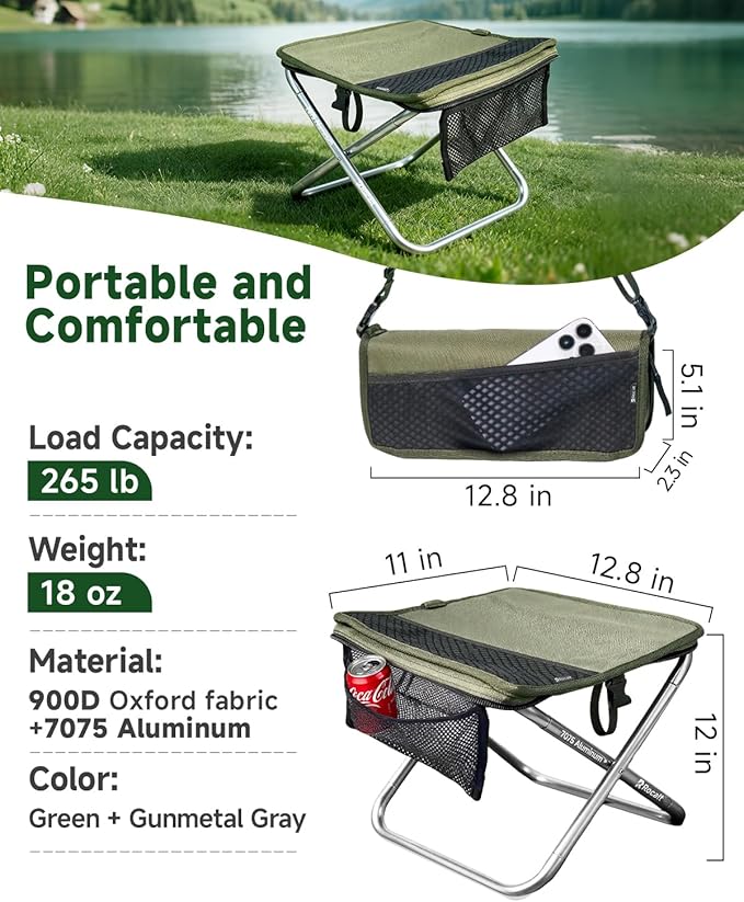 Rocalt Camping Portable Stool, Ultralight Folding Stool, Aircraft-Grade Aluminum Pocket Chairs for Adults, Outdoor Travel Stool, Fishing Chair with Built-in Storage Gag, Handbag Style