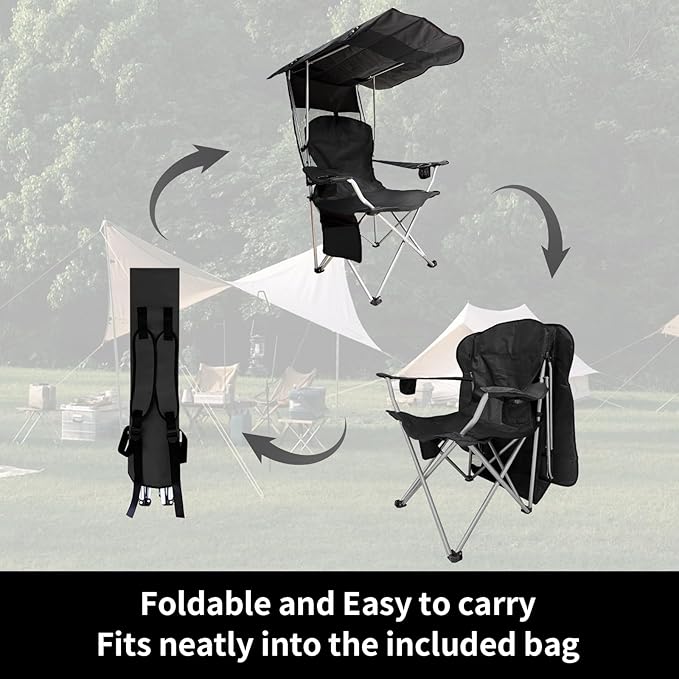 Portable Camping Chair with Canopy Shade- Folding Camping Lounge Chair with Cup Holder & Side Pocket for Outdoor Camping, Fishing, Beach - Support 330 LBS(BLACK-2PK)