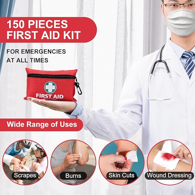 General Medi Mini First Aid Kit, 150 Piece Small First Aid Kit - Includes Emergency Foil Blanket, Scissors for Travel, Home, Office, Vehicle, Camping, Workplace & Outdoor (Red)