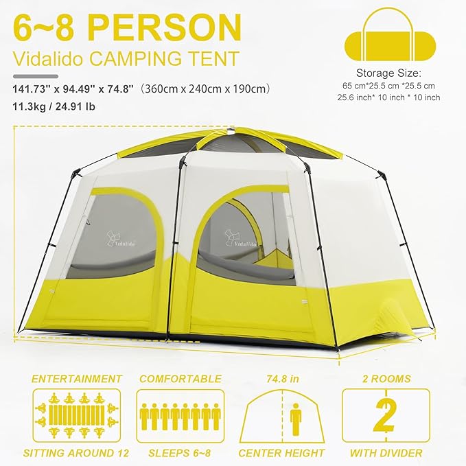 Vidalido Tents，6-8 Person Camping Tent with Extended Vestibule，2 Room Weather Resistant Family Tents，Easy Install Waterproof Outdoor Tent for Backpacking and Camping Hiking