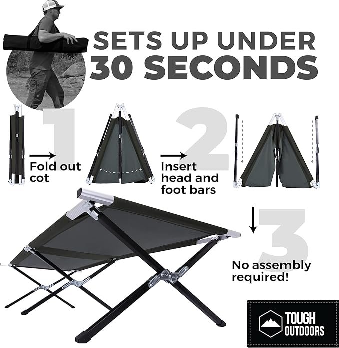Tough Outdoors Camping Cot for Adults - Oversized Camping Cot - Durable Heavy Duty Military Bed - Elevated Foldable Cot & Camp Cots for Adults - XL Cot up to 300 lbs - w/Organizer & Storage Bag
