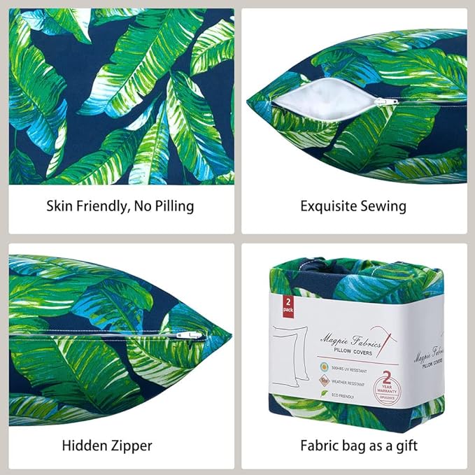 Magpie Fabrics Patio Pillow Covers ONLY 18"x18", Set of 2, Fade-Resistant Outdoor Indoor Decorative Throw Pillowcase Shell for Couch Garden Furniture - Green Lagoon Leaves