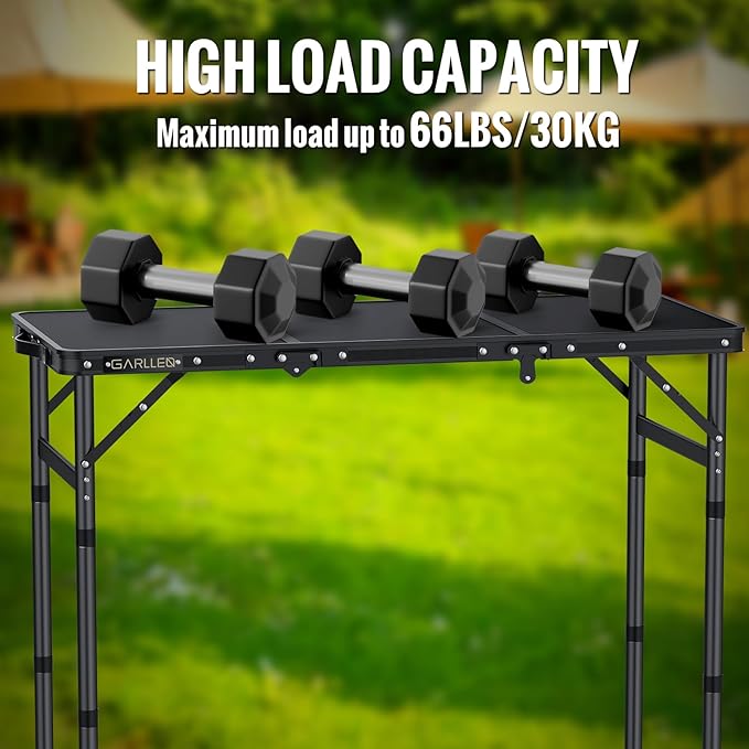 GARLLEN Folding Camping Table, 3-Adjustable Height Portable Picnic Table with Carrying Bag, Lightweight Aluminum Folding Outdoor Table for Camping, BBQ, Picnic, 34.2" L x 15.7" W, Black