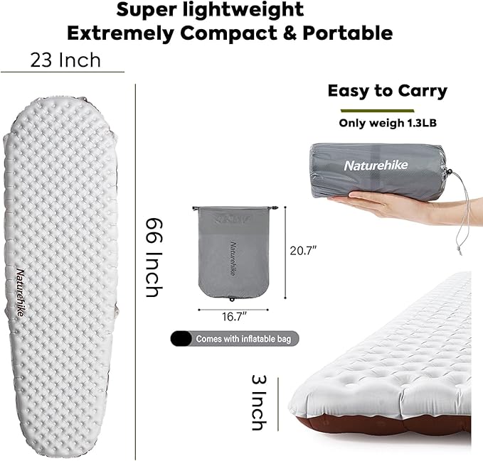 Naturehike 5.8/8.8 R-Value Camping Sleeping Pad,3.1"-4.7" Ultra-Thick,1-1.4LB Ultralight Camping Mat with Inflatable Bag,Backpacking Inflatable Foam Camping Mat for Car,Hiking