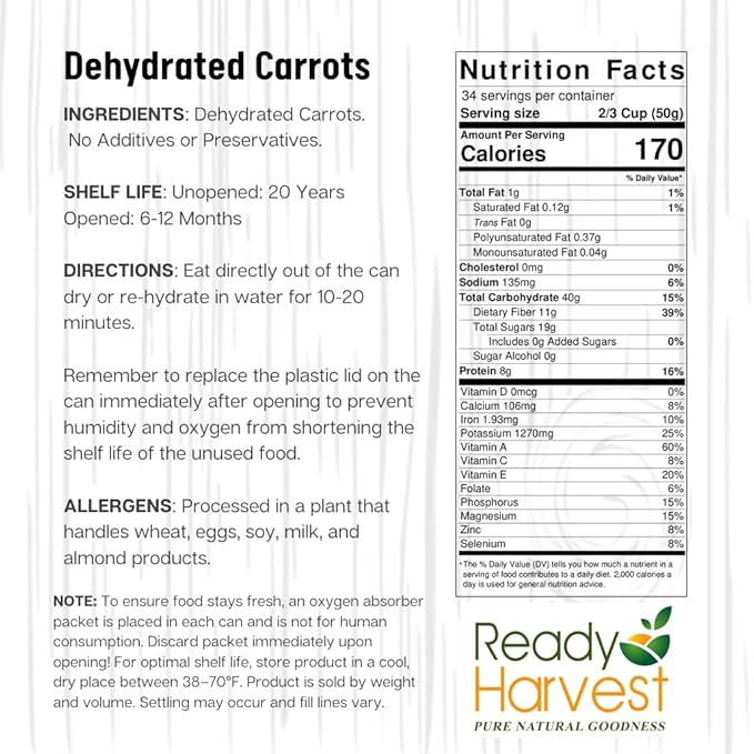 Ready Harvest Canned Carrots Dehydrated Emergency Dried | Prepper Food Long Term Supply Survival 25 Year Shelf Life #10 Can 3lbs 6 Cans