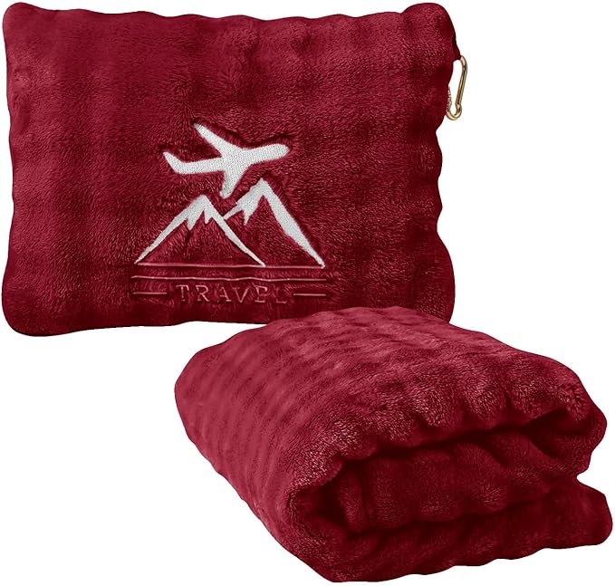 Travel Blanket and Pillow-2-in-1, Ultra-Soft&Compact, One-Piece Airplane Blanket with Hand Luggage Belt and Backpack Clip,Travelers Accessories Gifts, 61x43 Inches（Burgundy）