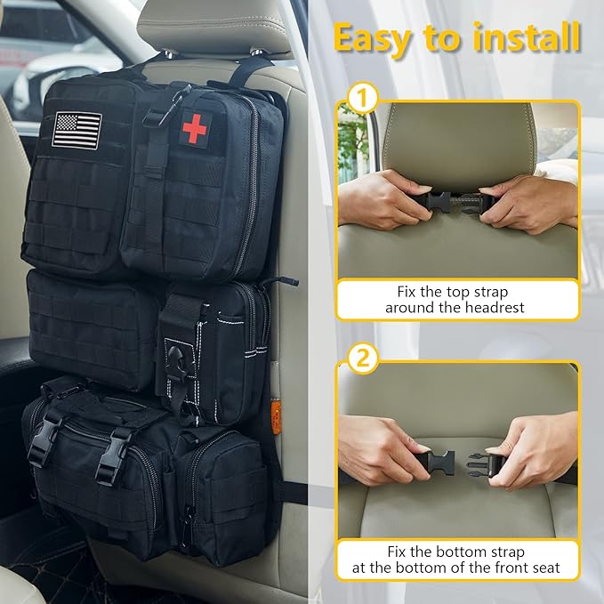 Universal Tactical Car Seat Back Organizer Bag Tactical Molle Vehicle Organizers Panel Vehicle Protector Organizers with 5 Detachable Pouches for Car Truck Ford Jeep (Black)