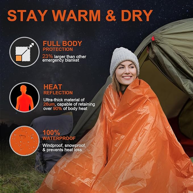 3-Pack Emergency Blanket, Extra-Thick Extra-Large Survival Blanket, Thermal Reflective Emergency Thermal Blanket for Outdoor Adventures, for Camping, Hiking, and Car Emergencies