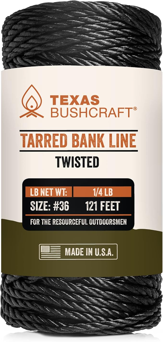 Texas Bushcraft Tarred Bank Line Twine - #36 Black Nylon String for Fishing, Camping and Outdoor Survival – Strong, Weather Resistant Bankline Cordage for Trotline
