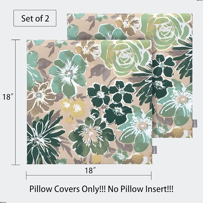 Magpie Fabrics Patio Pillow Covers ONLY 18"x18", Set of 2, Fade-Resistant Outdoor Indoor Cushion Cases Decorative Throw Pillowcase Shell for Couch Garden Furniture - Green Floral