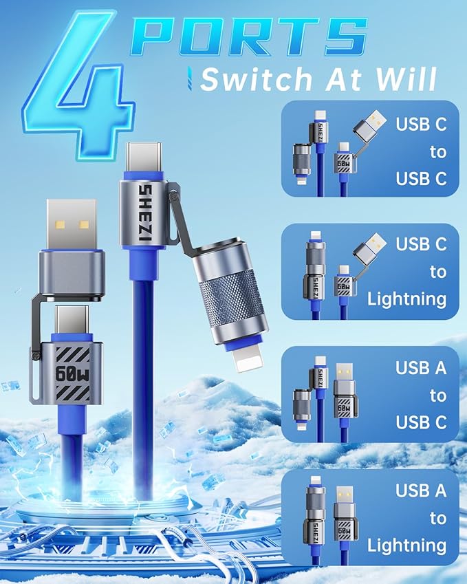 4 in 1 USB C Cable 60W 5FT Fast Charging & Data Transfer, Thicker Silicone Multi Charger Cord for iPhone iPad Charger Wire Combo with L/Type C/USB A for iPhone 16/15/Macbook (Blue)