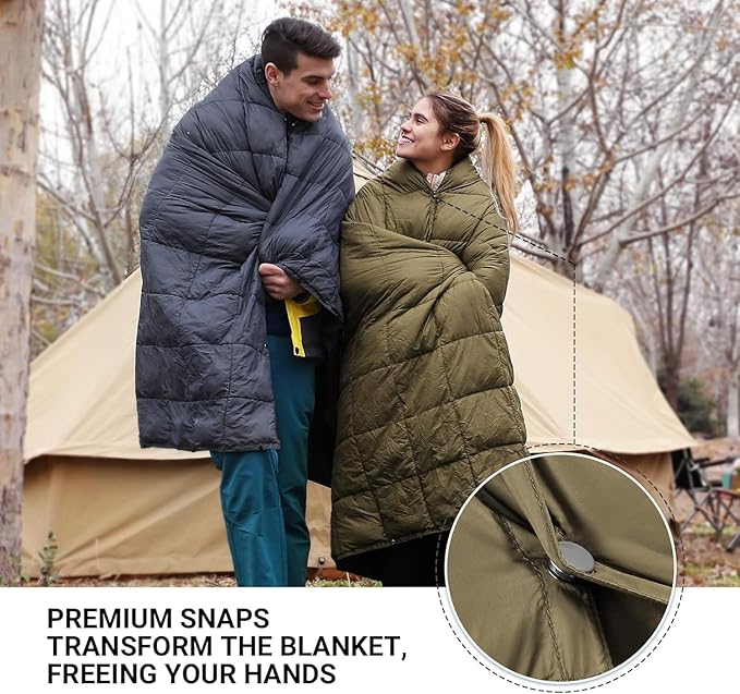 KingCamp Ultralight Camping Blanket, Packable Down Alternative Puffy Wearable Blankets Weatherproof Warm Package Quilt with Snap Buttons for Outdoor Hiking Travel Picnic Stadium (69" x 53", CHARCOAL)