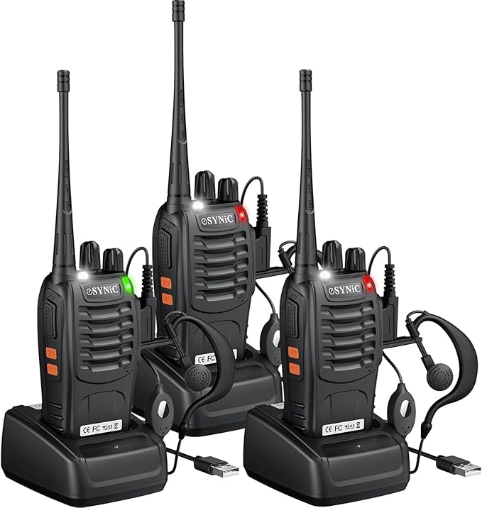 eSynic 3-Pack Professional Walkie Talkies - 5KM Long Range 16CH Durable Two-Way Radios with VOX- Includes 3 Headsets & LED Light, Rain-Resistant for Job Site/Camping/Hiking (3 Pack Family Set)