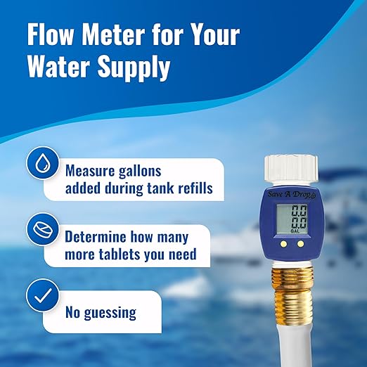 Complete Boat & RV Drinking Water Kit - 100 Aquatabs Water Purification Tablets + 50 Chlorine Test Strips + Water Flow Meter - for Boat & RV Tanks - by Aquamarine Water Solutions