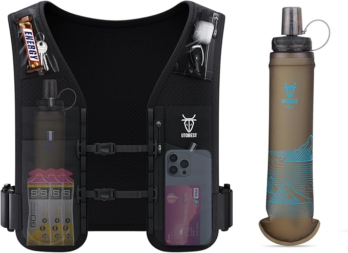 UTOBEST Running Vest for Women Men, Reflective Hydration Vest with 500ml Soft Water Bottle, 5L Phone Holder with Adjustable Belt & Ample Storage