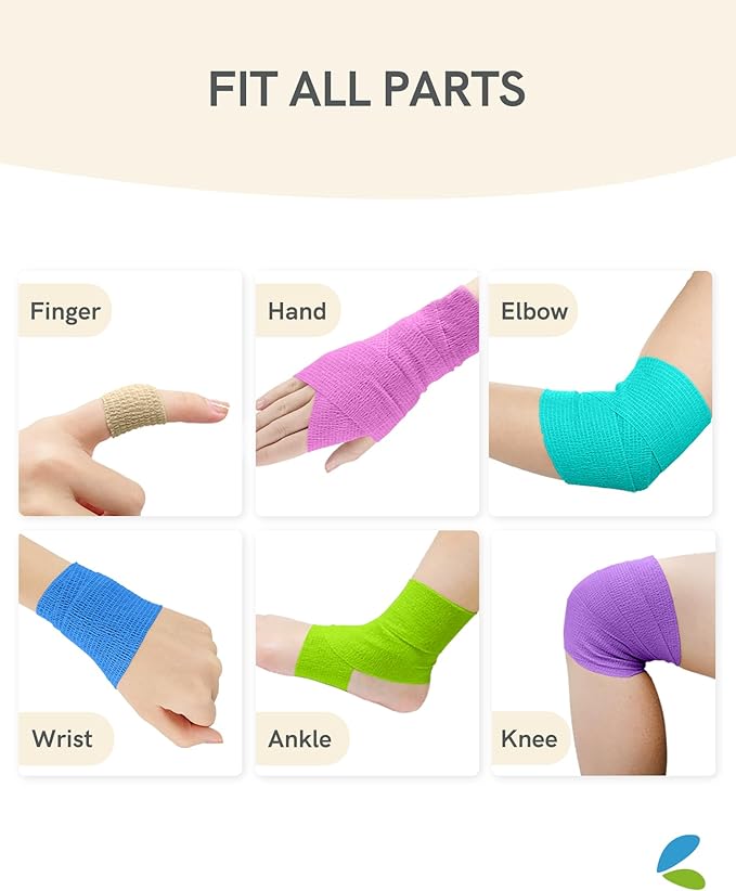 FriCARE Self Adhesive Bandage Wrap, Medical Tape in First Aid Kit, Cohesive Bandages for Wounds Sport Vet, 2 Inches X 5 Yards 12 Rolls, Rainbow