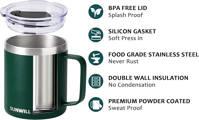 SUNWILL Travel Coffee Mug Set of 2, Insulated Tumbler with Lid, 14 oz Stainless Steel Cup with Handle for Camping, Office, Home, Powder Coated Forest Green & Plum