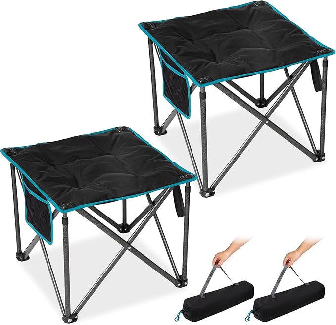 FUNDANGO Folding Camping Stool, 2 Pack 18.1 Inch Oversized Foot Rest 440 Lbs Heavy Duty Portable Padded Stools Seat Anti-Slip Foots & Carry Strap for Fishing Outdoor Lawn Travel (Black)