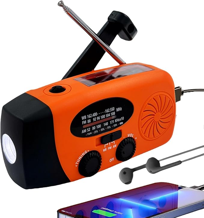 Solar Emergency Hand Crank Weather Radio, Portable Self Powered NOAA AM/FM Radios with SOS Alarm LED Flashlight 5000mAh Power Smart Phone USB Charger for Camping (5000mAh Orange)