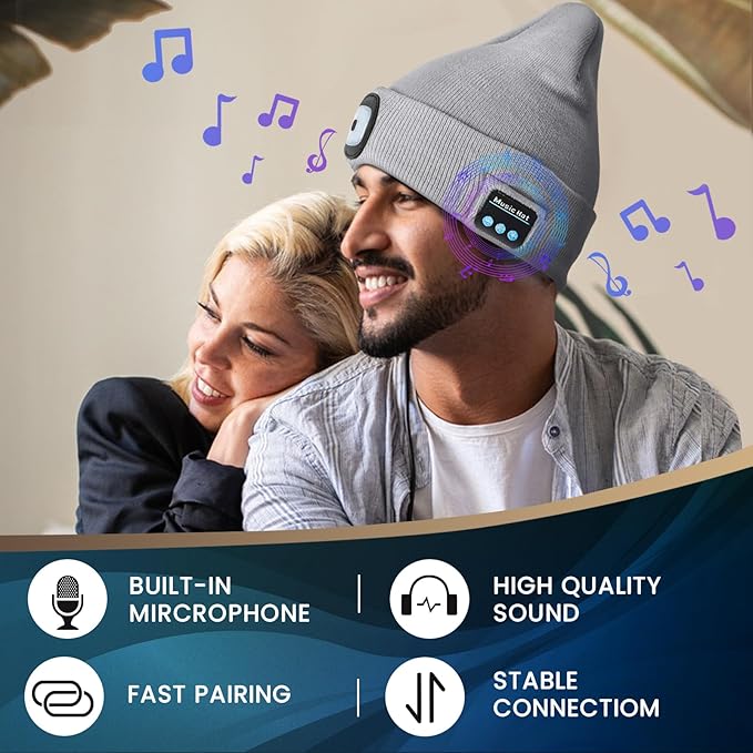 VIBELITE Bluetooth Beanie Hat with Light, USB Rechargeable LED Headlamp with Wireless Headphones, Gifts for Men, Him, Husband, Boyfriend, Grey