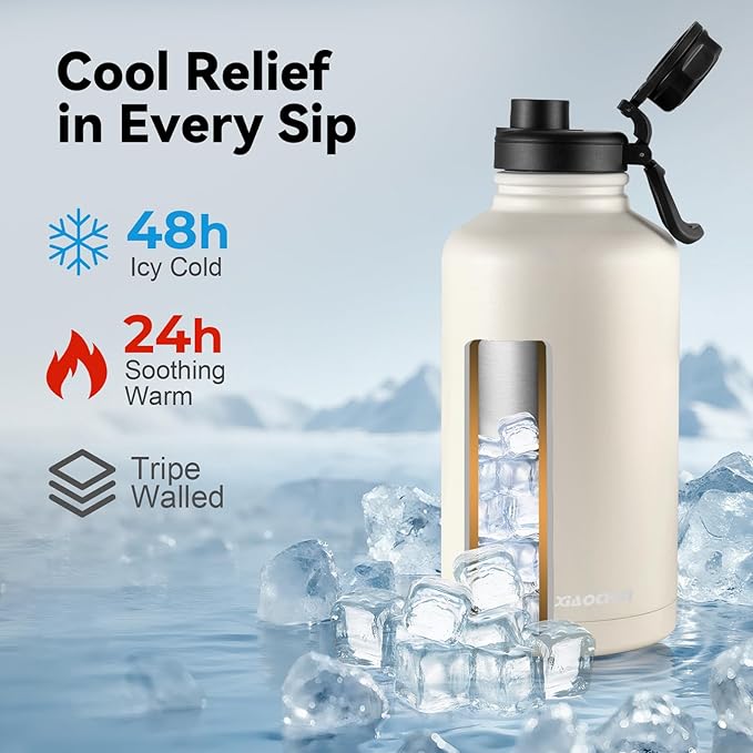 KXIAOCHEN Insulated Water Bottle, Stainless Steel Water Bottle, 2 Lids (Straw and Handle Lid),Wide Mouth Metal Water Bottles Keep Hot and Cold, Double Walled, Thermo Mug, Metal Canteen