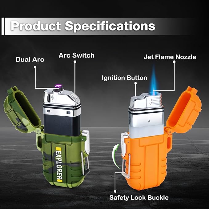 2 Pack Waterproof Outdoor Lighter Plasma Windproof Torch Lighters Dual Arc Lighters Electric USB Rechargeable Lighter Flameless EDC Camping Adventure Survival Tactical Gear