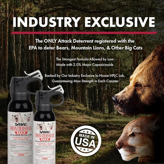 SABRE Frontiersman MAX Bear Spray – 40 ft Range, Maximum Strength, The Only EPA-Registered Spray for Bears & Mountain Lions, 7.9 oz, Glow Safety Clip, Outdoor Hiking & Camping Protection