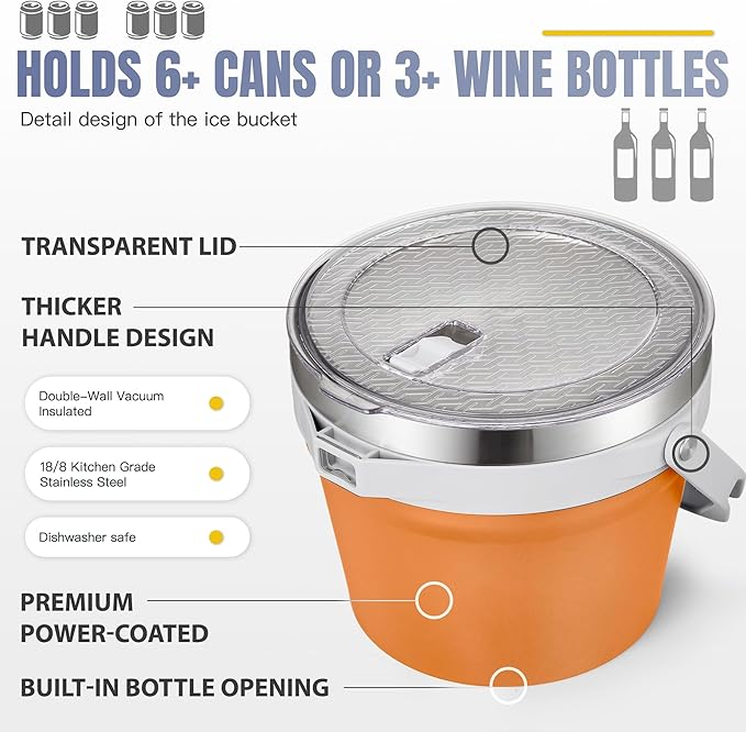 COKTIK 7L Vacuum Insulated Ice Bucket with Lid and Scoop& Tongs，Large capacity Stainless Steel Beverage Bucket for Cocktail, Champagne, Wine, Beer，Large Parties（Orange Suit）