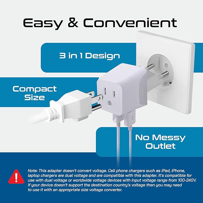 Ceptics 3 in 1 European Travel Plug Adapter - Compact Type C Adapter with USB-A & USB-C, Ideal for Phones, Laptops, Cameras & More, Perfect for Belgium, France and other EU countries - CTU-9C