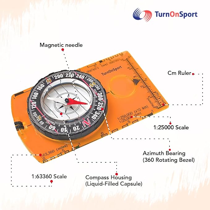 TurnOnSport Orienteering Compass - Advanced Scout Compass for Hiking, Camping, and Backpacking - Best Survival Gifts for Kids