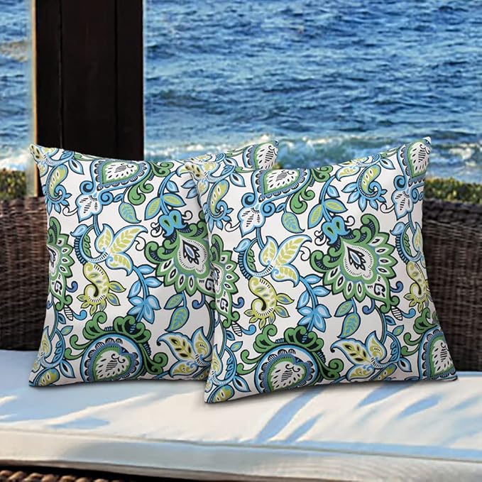 Magpie Fabrcis Pack of 2 Outdoor Waterproof Throw Pillow with Insert 18 x 18 Inch, Christmas Decorative Back Cushion Pad for Garden Patio Tent Balcony Couch Sofa(Floral Blue Green)