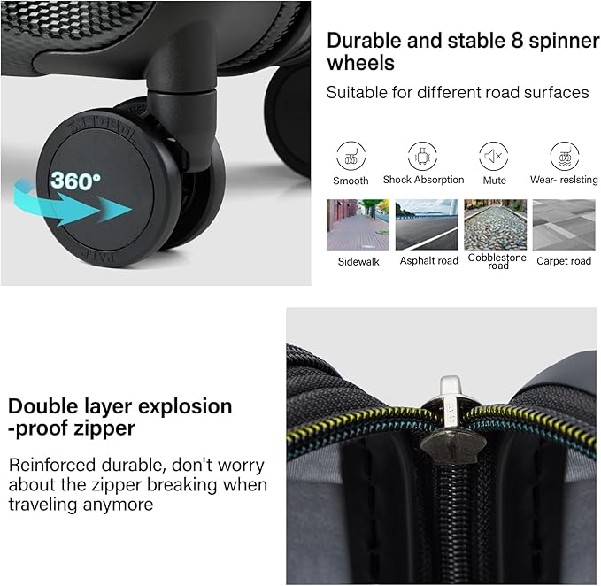 Hanke 24 Inch Expandable Checked Luggage Lightweight PC Hard Shell luggage Suitcases with Wheels Travel Luggage Rolling Large Suitcase Travel Luggage Bag for Go To University.(Jet Black)